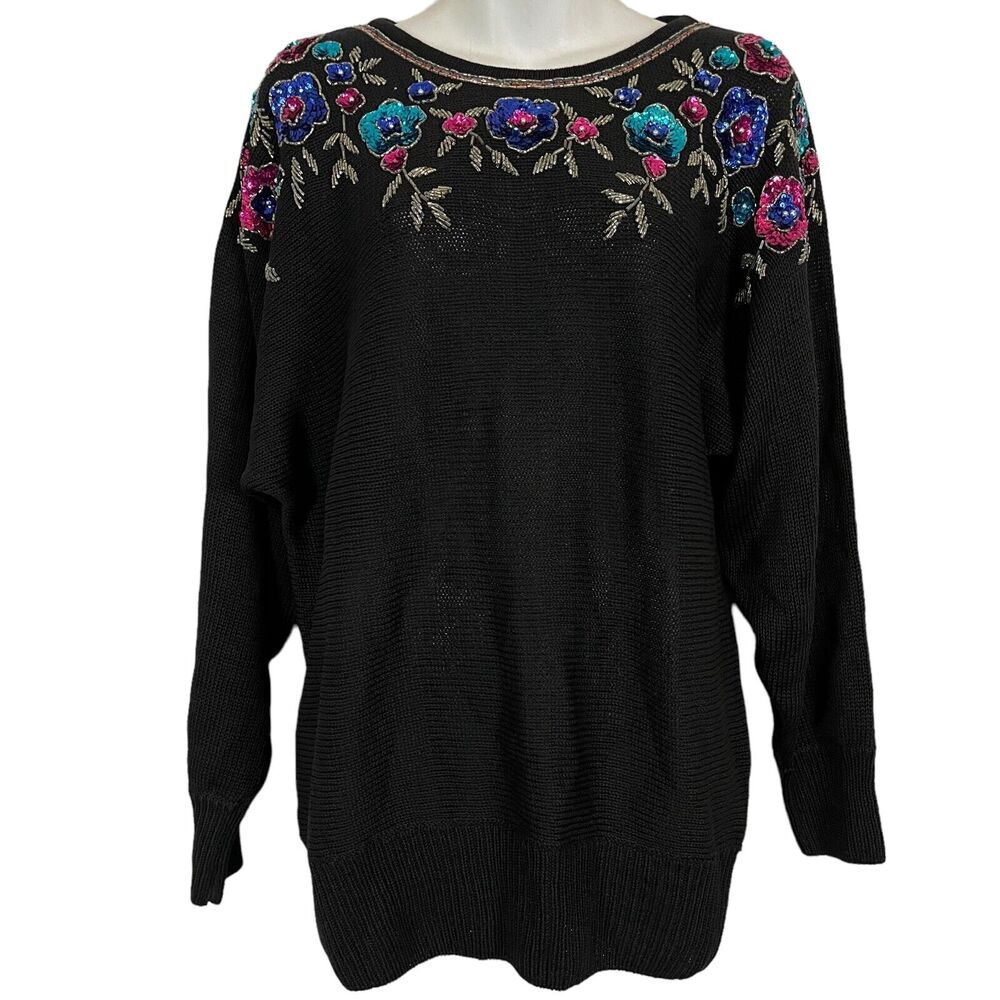 Victoria Jones Womens Vintage Beaded Sequin Floral Dolman Sleeve Sweater sz L
